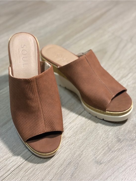 SOUL Naturalizer Shoes - Soul Naturalizer Shoes Women Size 8.5M Brown Wedge Sandal Mules Peep Toe Slides